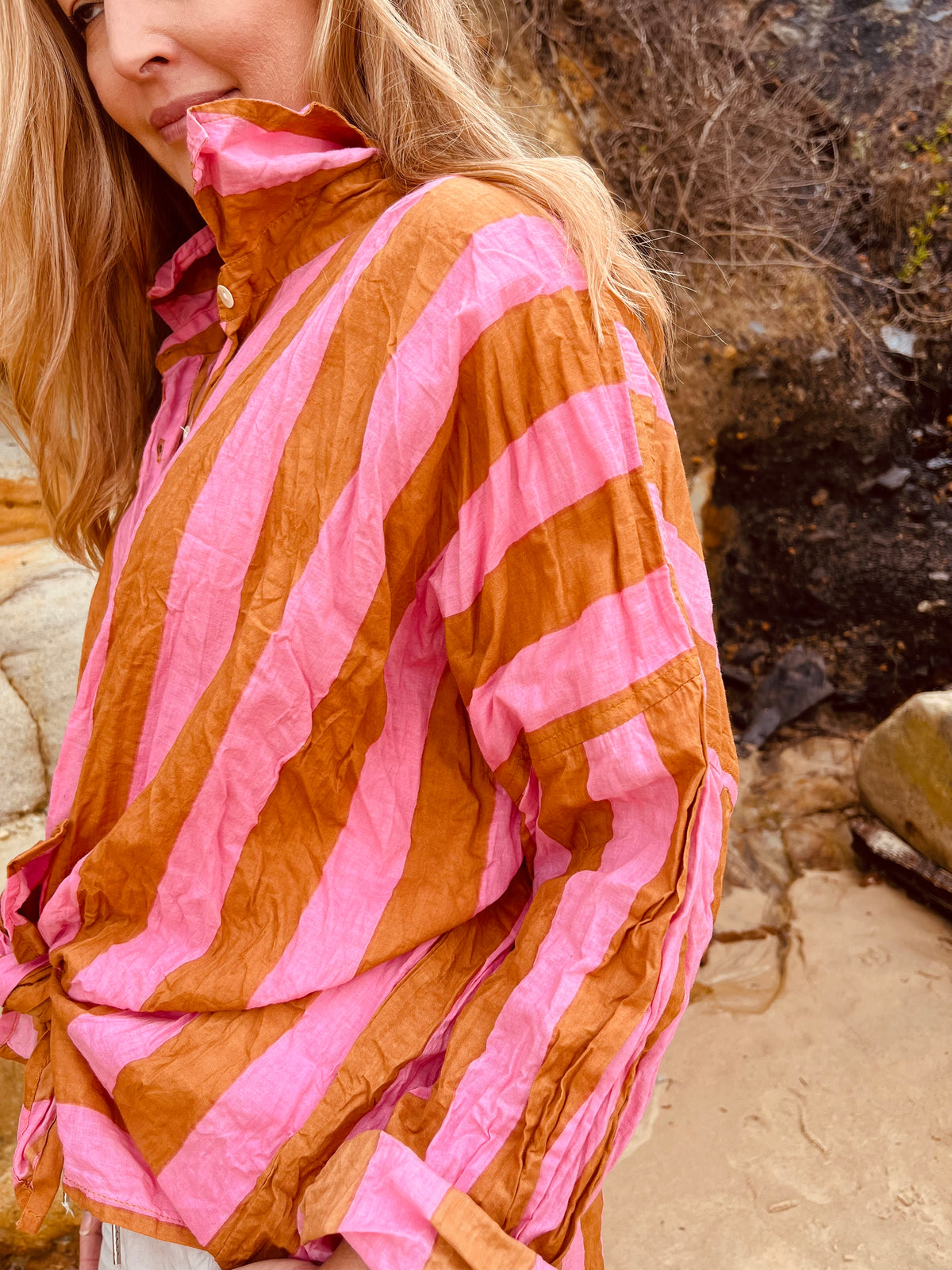 Stripped Shirt caramel and pink