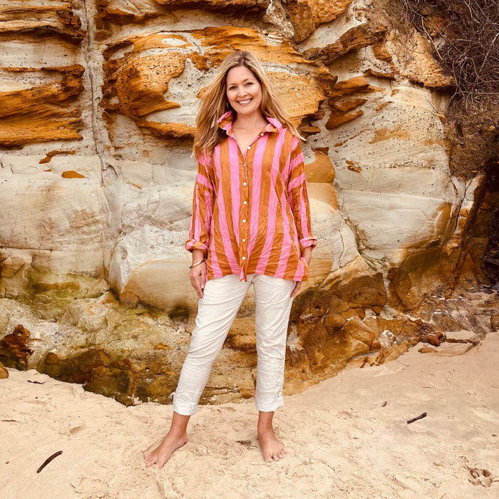 Stripped Shirt caramel and pink